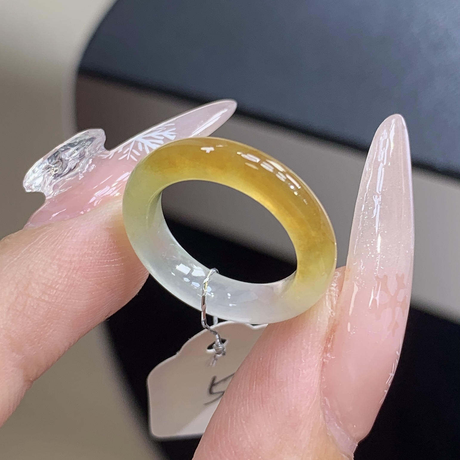 5圈口 缅甸天然翡翠 细条尾戒冰种黄翡戒圈尺寸13.8-3.7-3.4mm