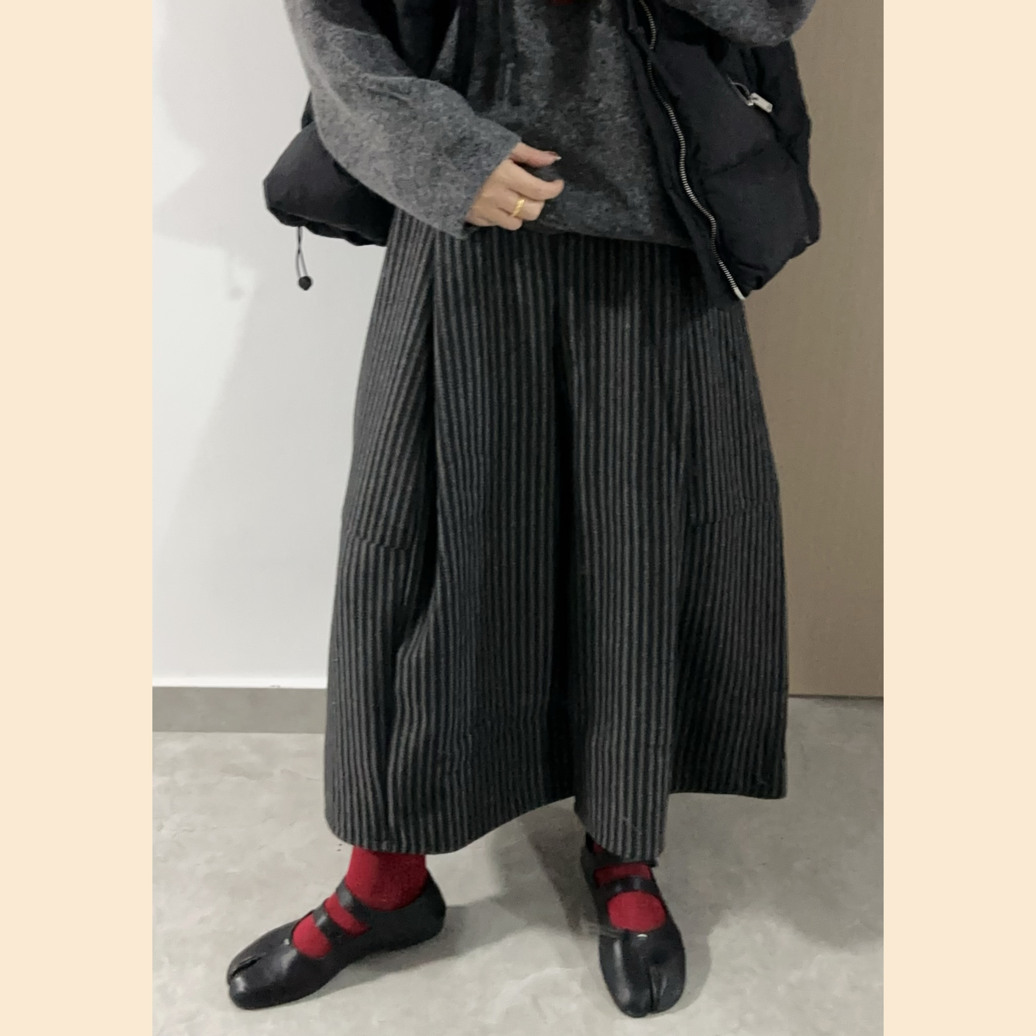 条纹阔腿时髦裙裤加厚八分裤