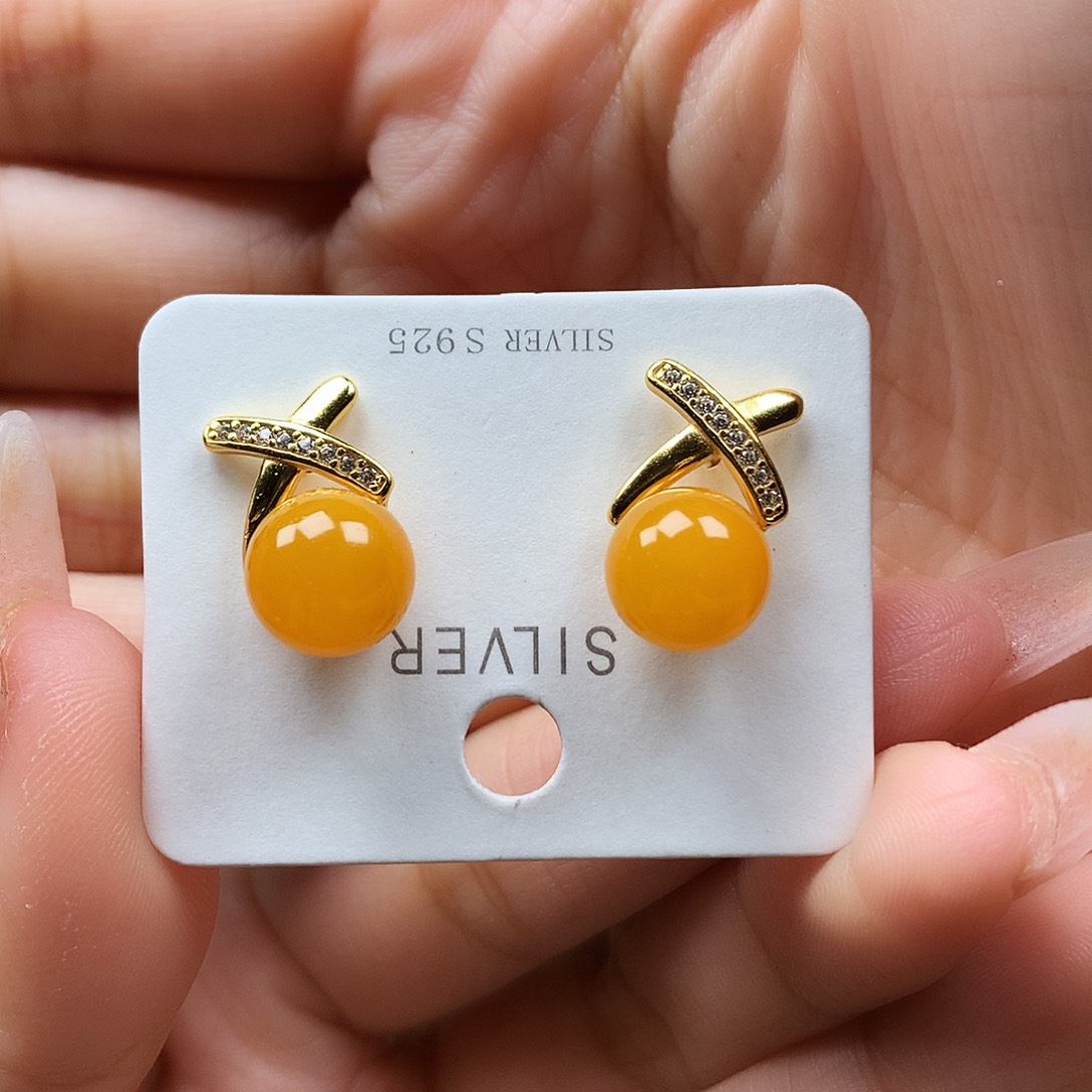 蜜蜡耳饰银S925镶嵌耳钉