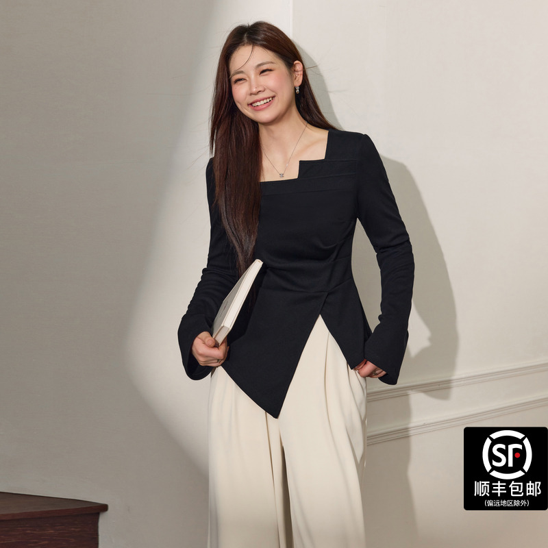 大码女装微胖MM不规则黑色显瘦长袖T恤早秋新款气质秋冬服装