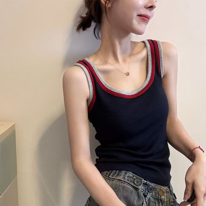 【品质正版】撞色拼接吊带背心女2025夏季新款外穿韩版时尚修身上衣