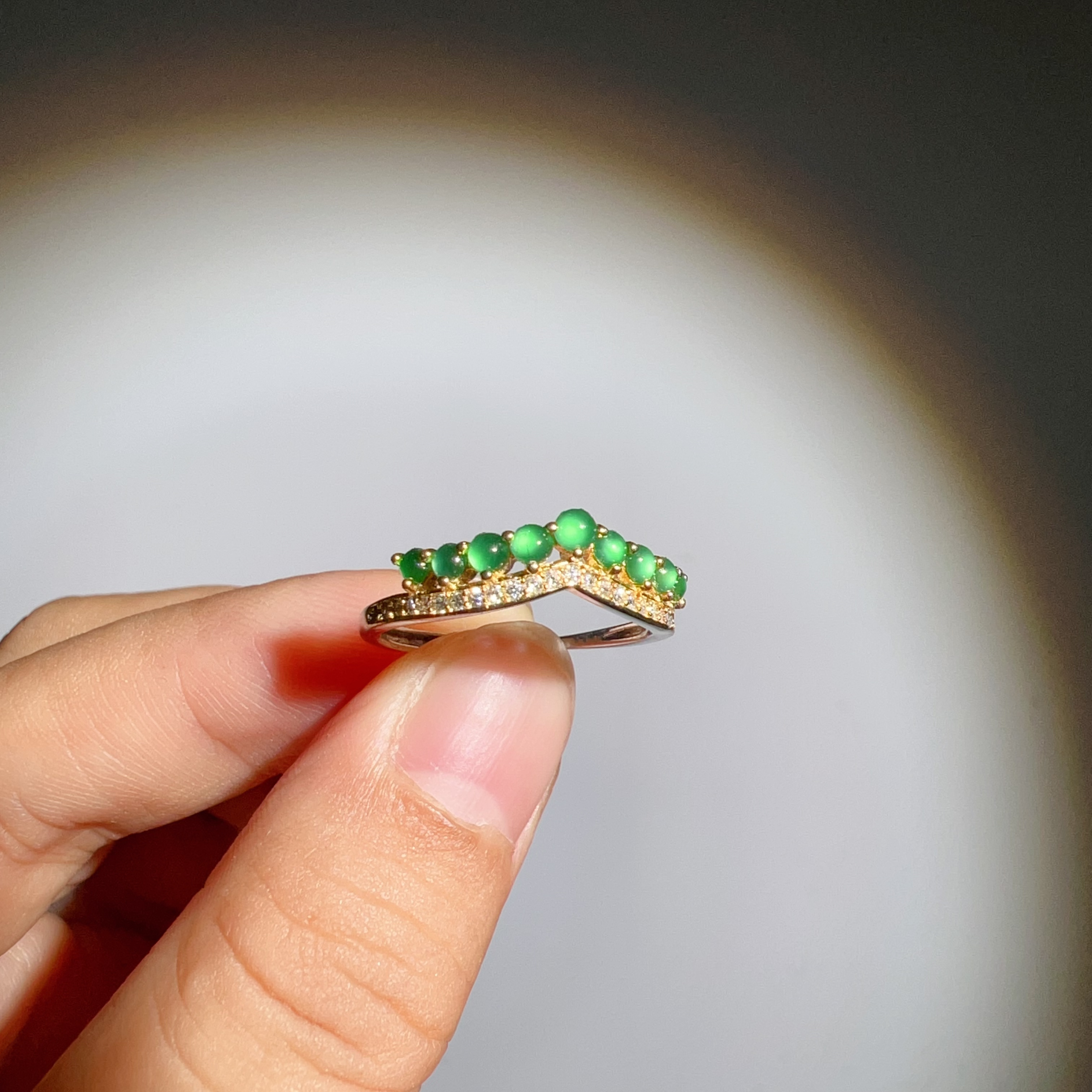 S925银天然翡翠戒指皇冠9粒