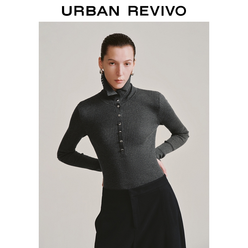 UR2026春季新款女装气质肌理感立领亮丝花边针织衫UWM950133