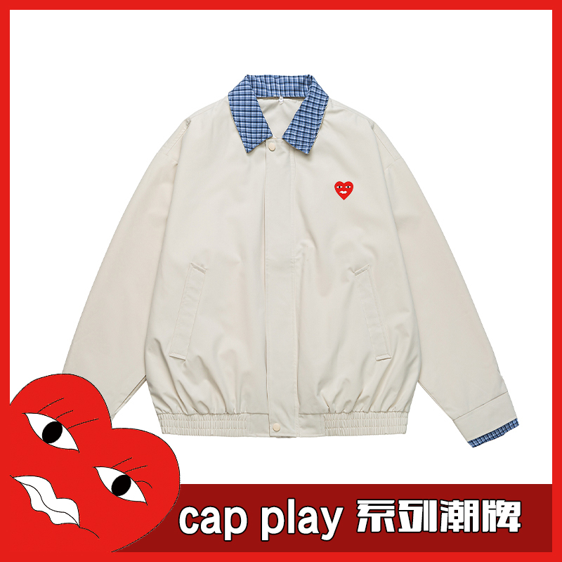 Cap Play美式复古格纹拼接外套男女同款春秋翻领百搭休闲宽松夹克