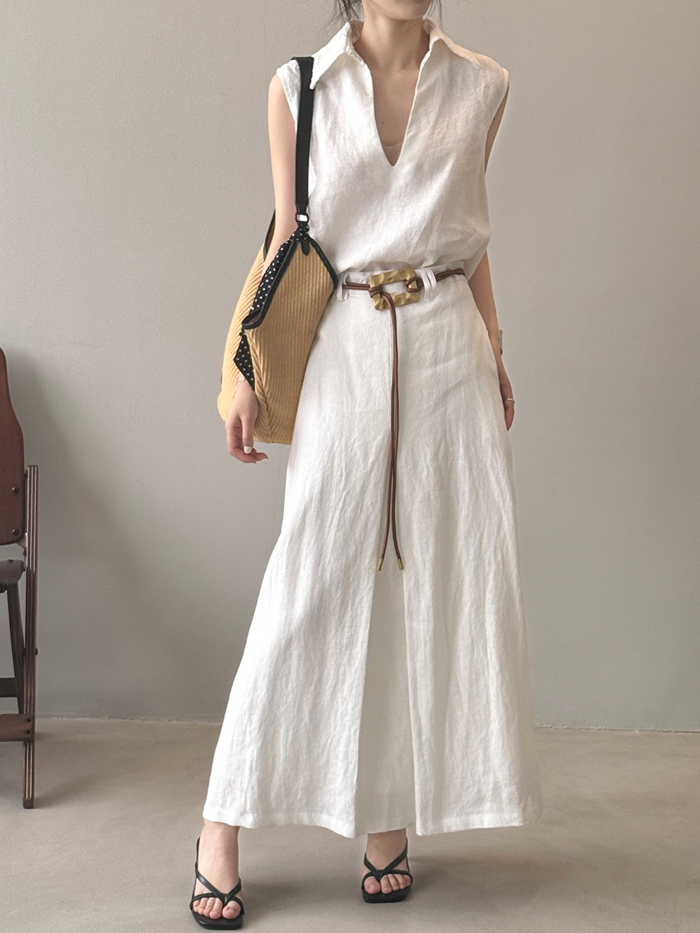 慵懒丨风亚麻半身裙白色天丝亚麻深V翻领背心女夏季老钱风气26233