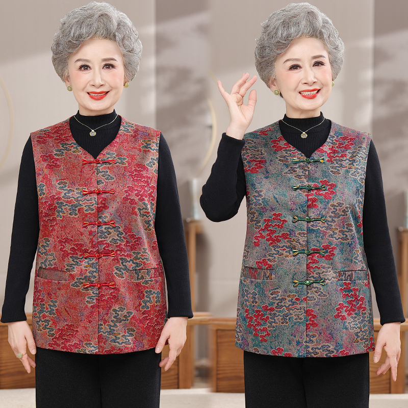 中老年上衣奶奶装春秋季外搭马甲新中式盘口无袖坎肩妈妈装上衣服
