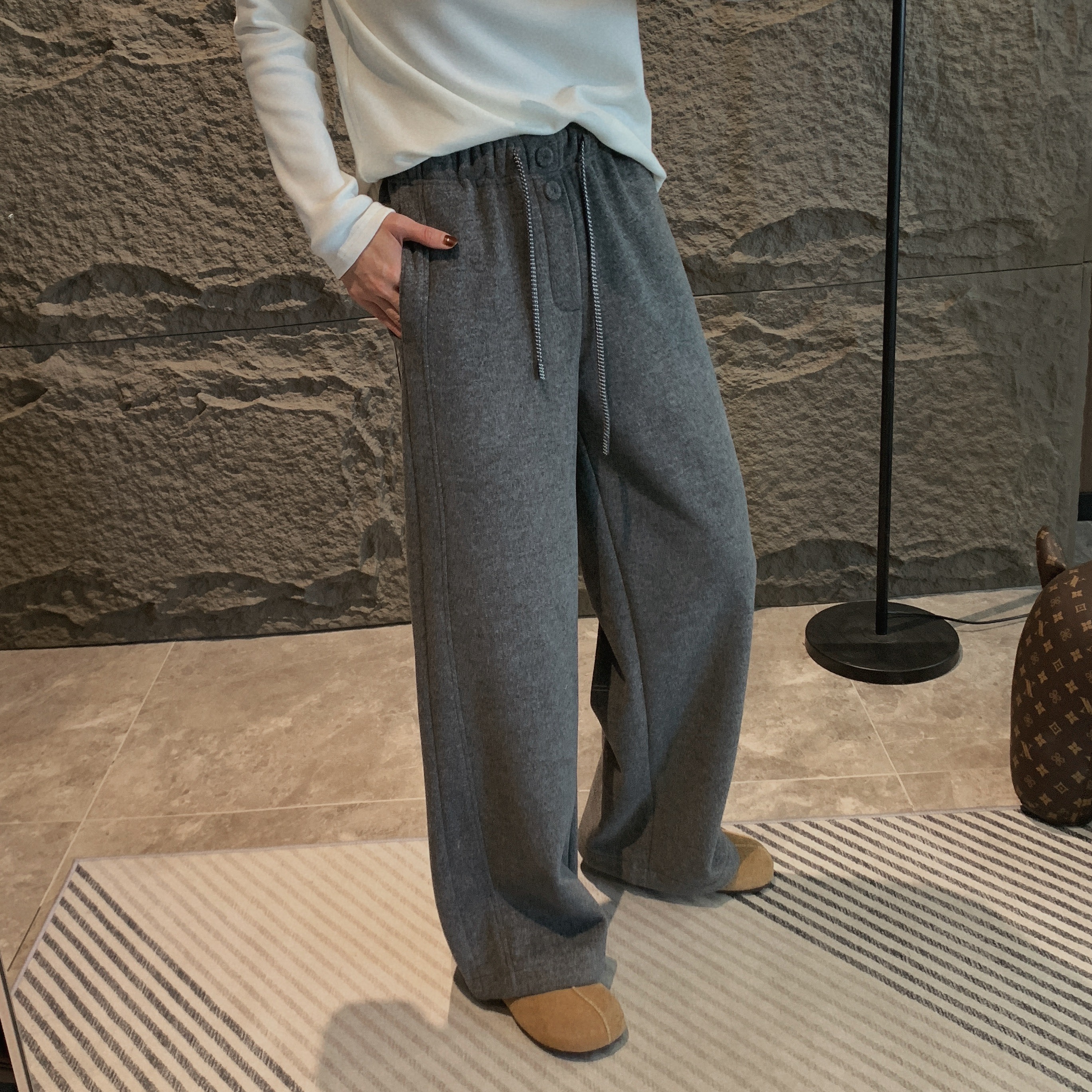 XIAREN【加绒两粒扣阔腿休闲裤】加厚抽绳裤子女秋冬百搭潮流休闲服