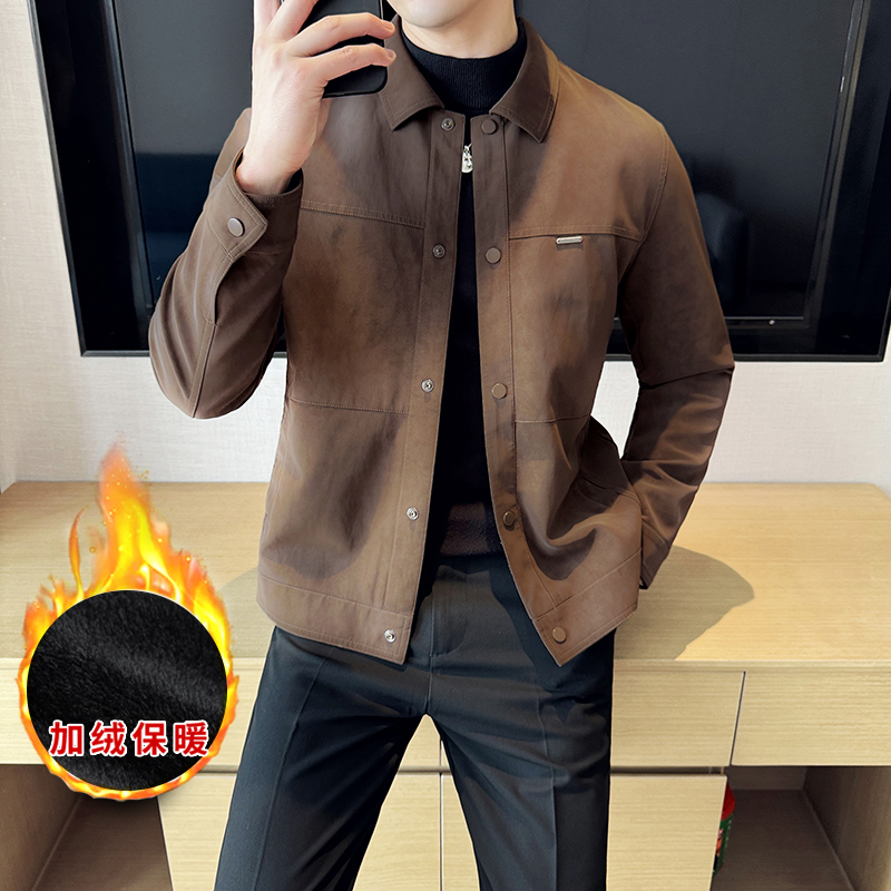 外套男秋冬季加厚韩版修身潮流帅气翻领男夹克加绒休闲上衣男皮衣
