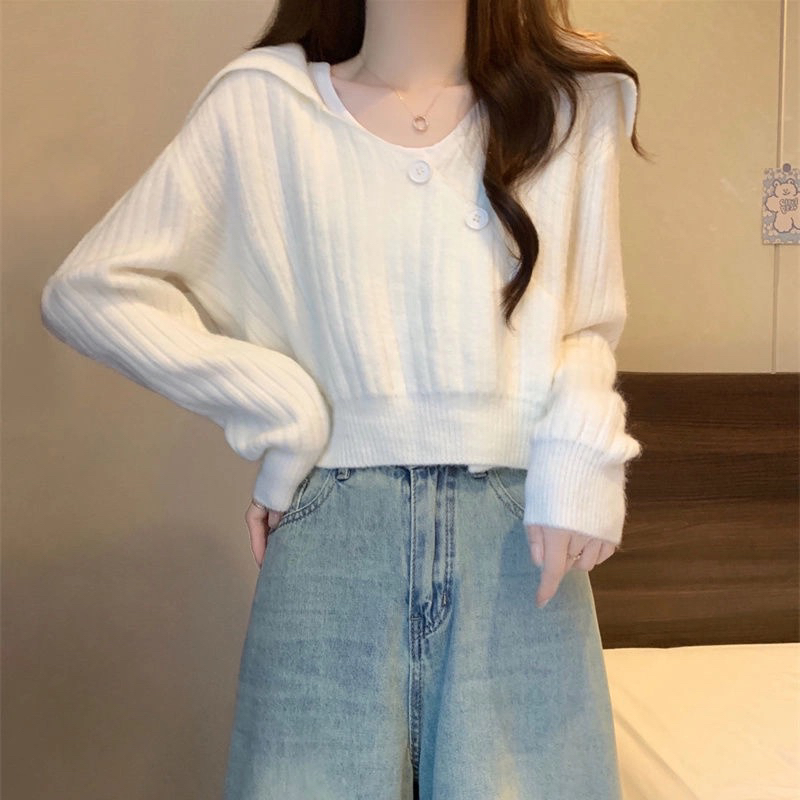 针织衫小个子高腰短款法式宽松翻领长袖秋冬毛衣女