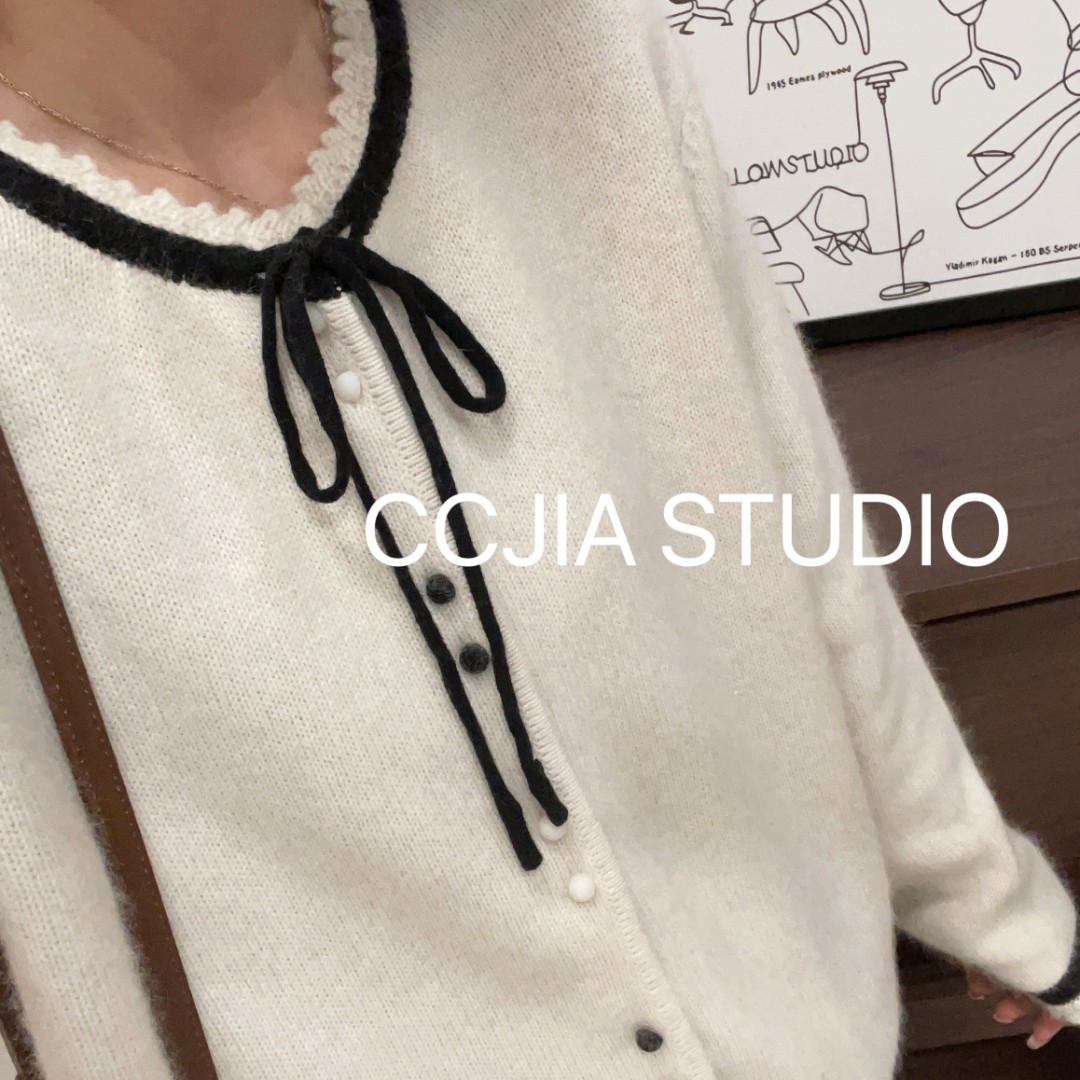  【气质蝴蝶结米杏开衫】针织衫宽松显瘦休闲时尚百搭圆领套头