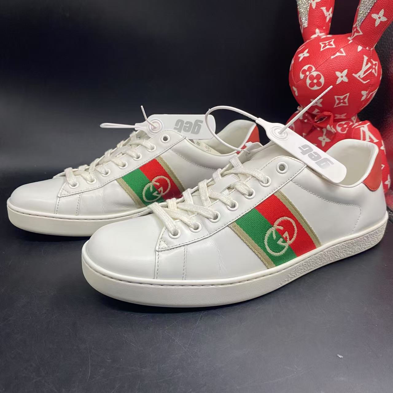 95新 GUCCI/古驰 白色ACE红绿灯时尚板鞋42欧码ddm1924