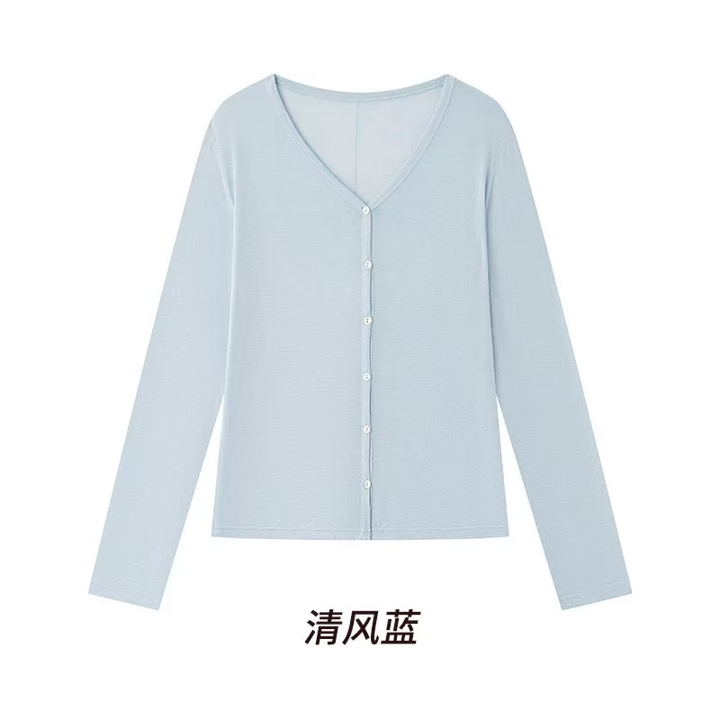 夏季百搭莱赛尔天丝醋酸开衫女绵羊毛外套纽扣长袖上衣薄款