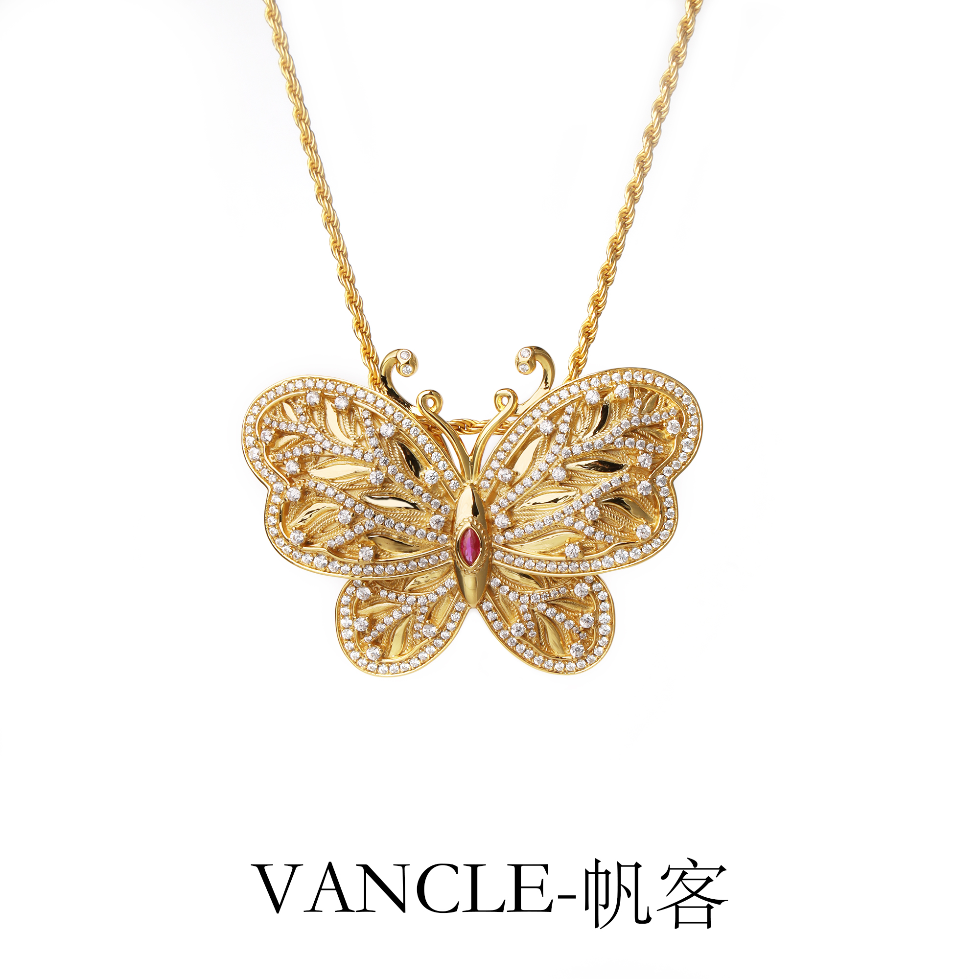 坠链均925银 古法S925银镀金手工拉丝花丝镂空点钻蝴蝶吊坠