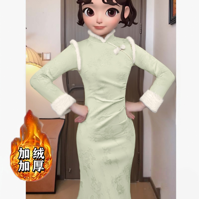 【加绒加厚】新中式秋冬清冷绿色俏皮旗袍连衣裙D4361