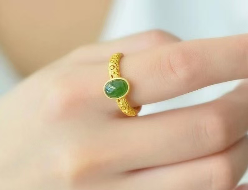 【王总严选】S925银天然和田玉碧玉蛋面镂空开口戒女戒