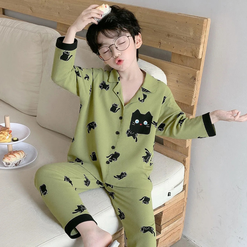 男童韩版睡衣青少年翻领开衫长袖春秋季搞怪小猫长裤家居服两件套