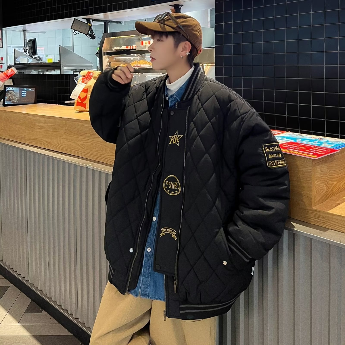 8020-BY菱形格棉服男女秋冬季百搭加厚面包服外套棉衣夹棉棒球服