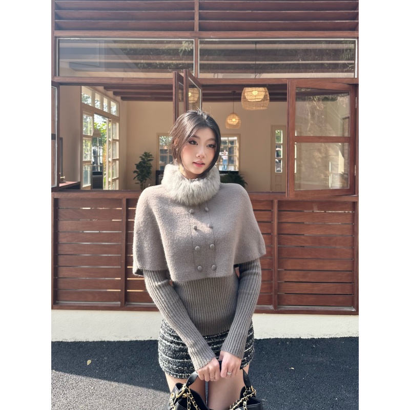 withmin凉皮 秋冬双排扣披肩斗篷显瘦长袖上衣两件套J2600525