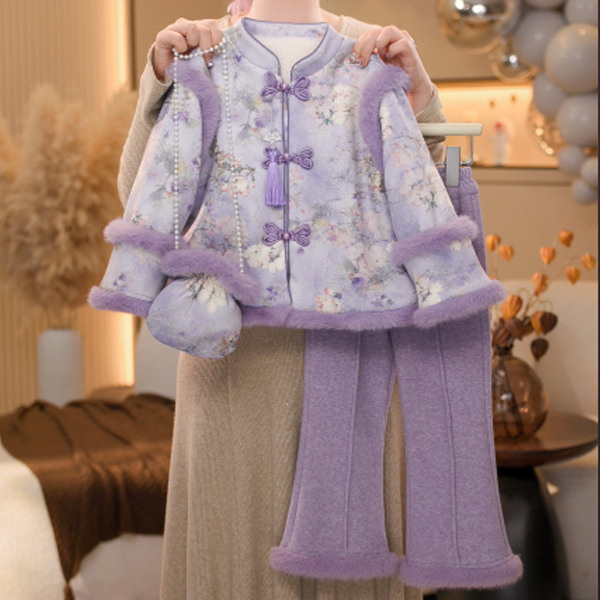 【米拉7】女童紫国风加绒加厚毛毛衣外套2025秋冬保暖季中大童棉服