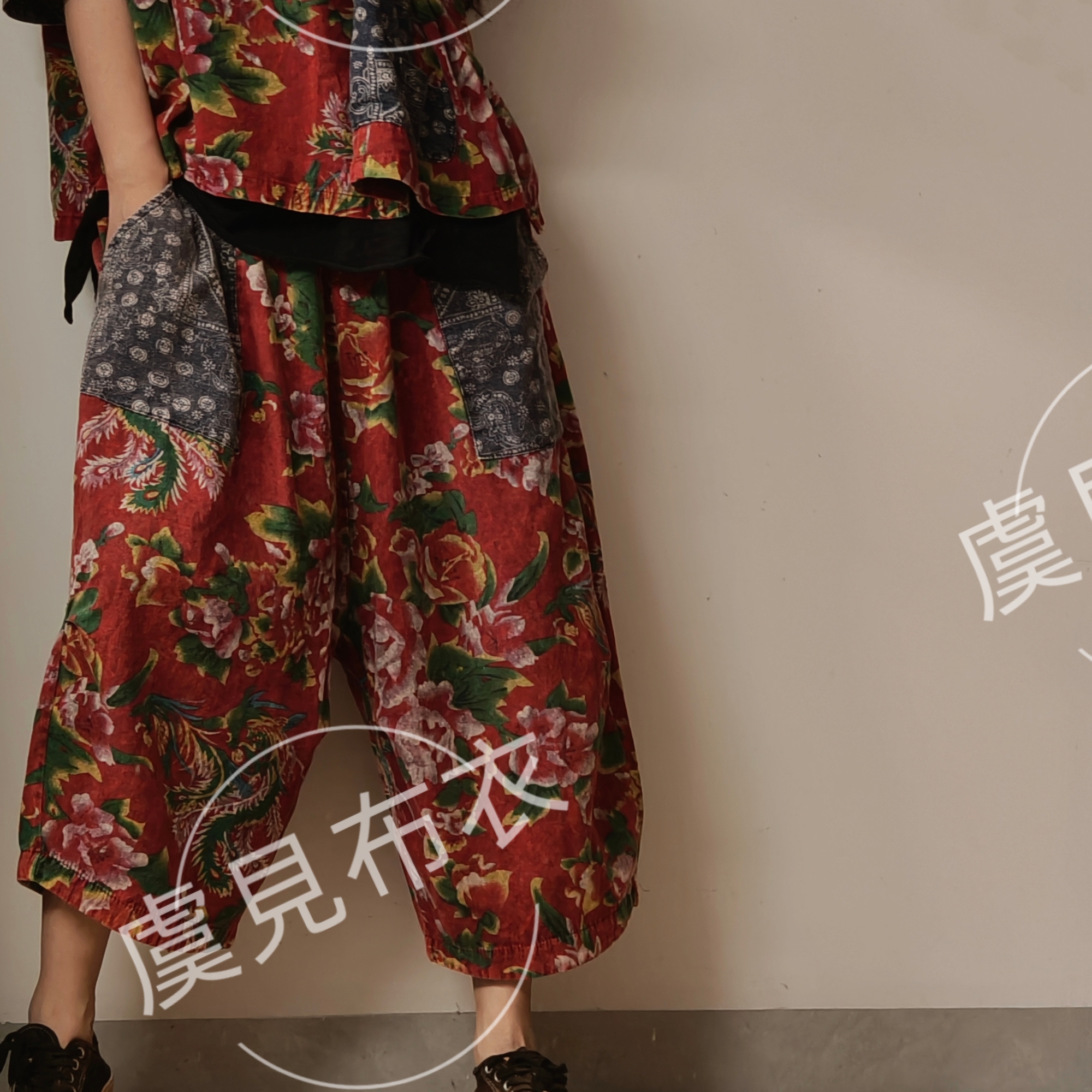 虞姑娘  麻棉脏洗经典东北大花斜襟套装【衣长60-148裤长73-135】