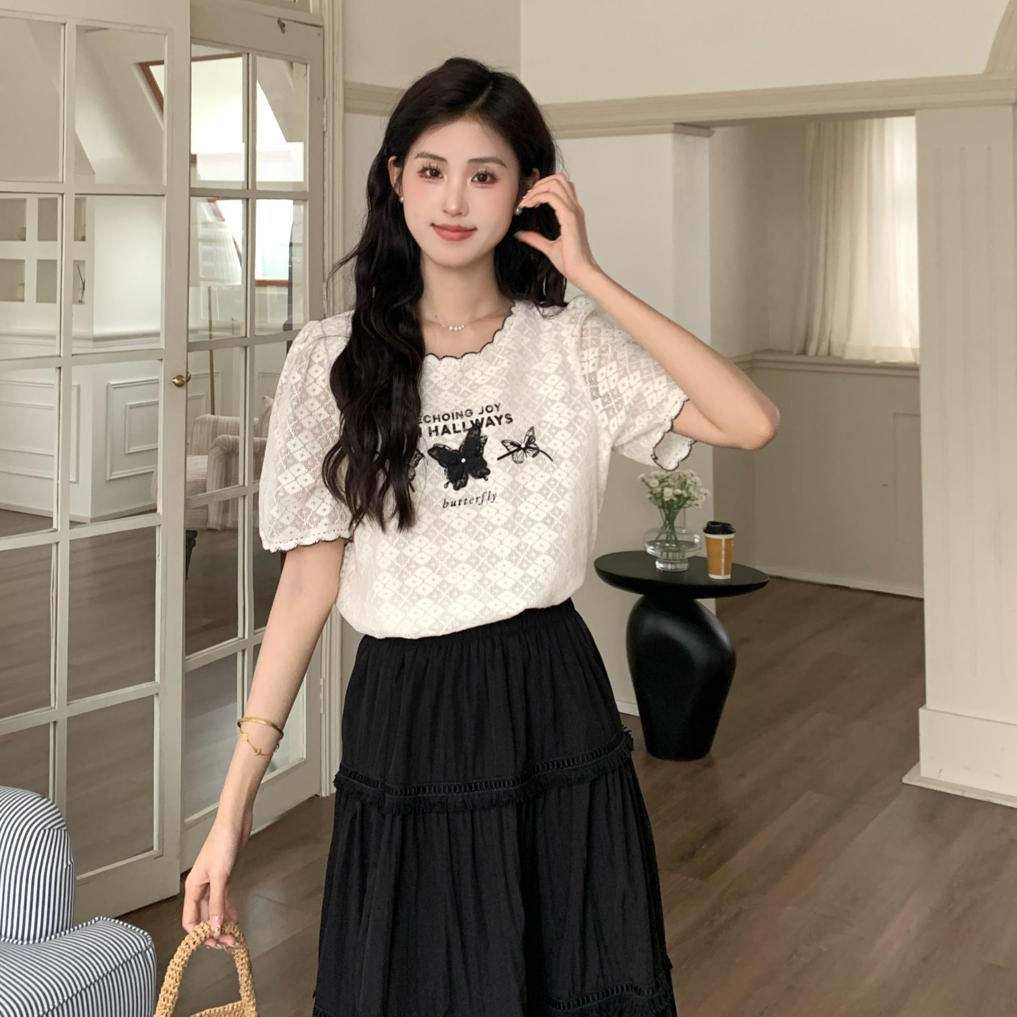 【小铃铛】TU27781法式小香风别致圆领短袖T恤女小个子百搭上衣