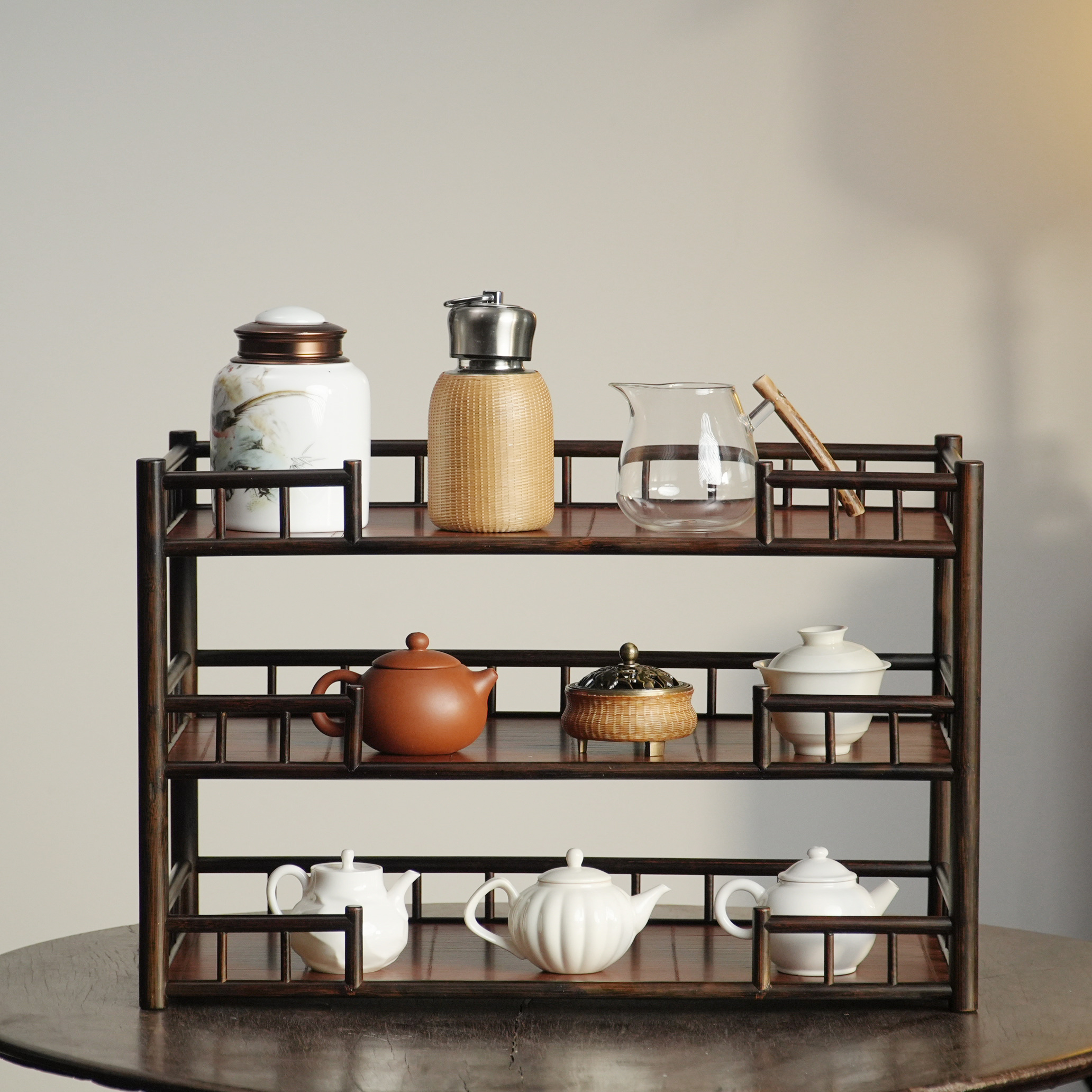【古香】黑色竹丝三层楠竹屏栏收纳茶壶置物架茶棚物架茶杯架