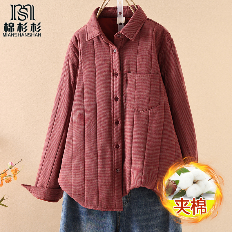 千鸟格夹棉衬衫女长袖 保暖内搭外穿 尖领气质遮肉白搭衬衣冬季