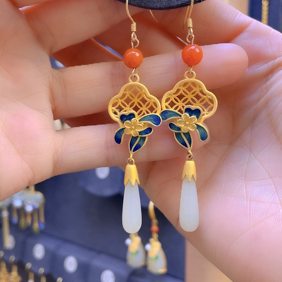 和田玉耳饰银S925镀金镶嵌