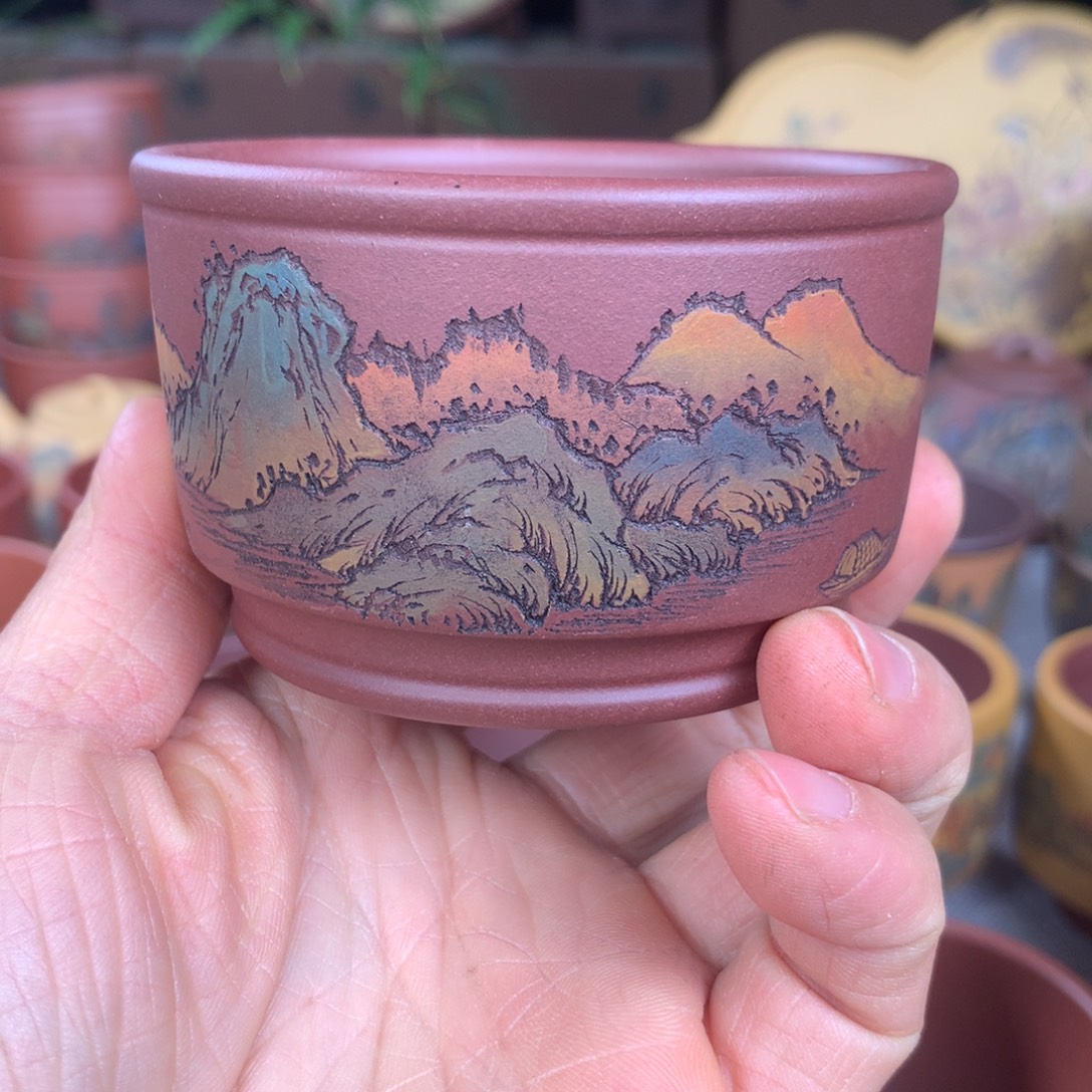紫砂茶杯彩色山水