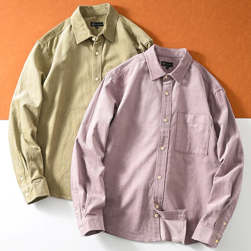 重磅外贸男士高克重水洗棉翻领长袖衬衫外套百搭灯芯绒衬衣2264