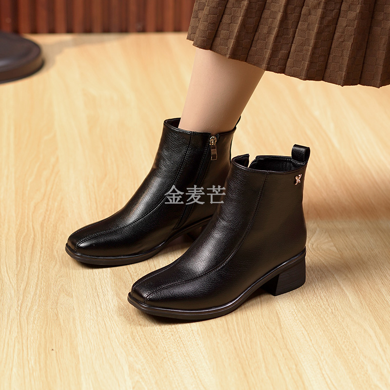 加绒短靴妈妈鞋靴子女超软女靴法式女款粗跟2025秋冬新款女士棉靴