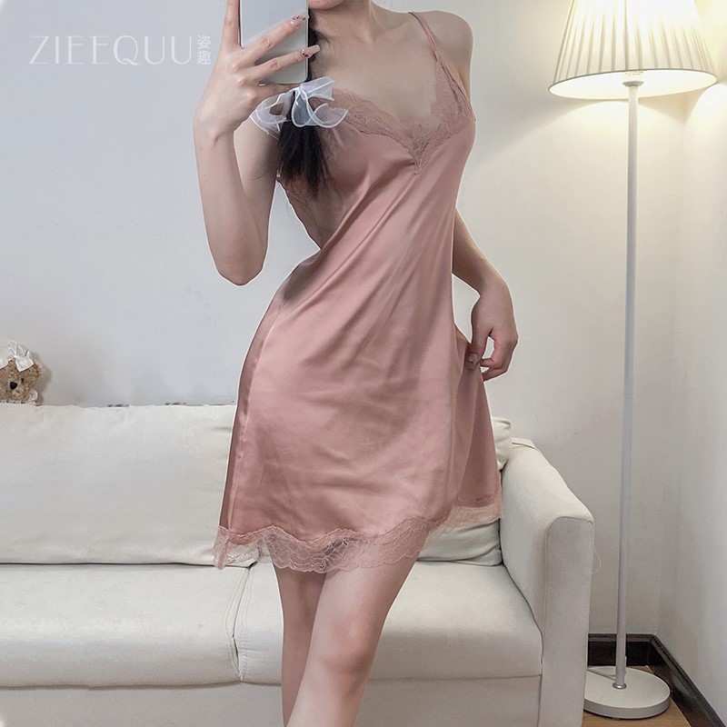 新款睡裙女春秋夏缎面冰雪丝薄性感诱惑纯欲风袍两件套家居服夏季