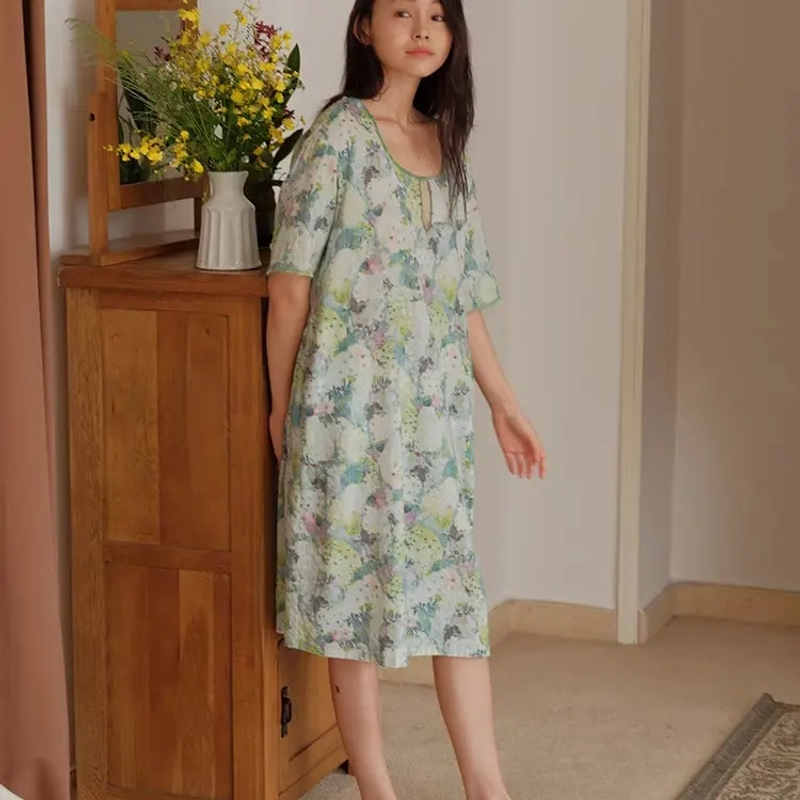 《海城朵朵》朵朵可可251-007女 仙人掌田园风中长款连衣裙