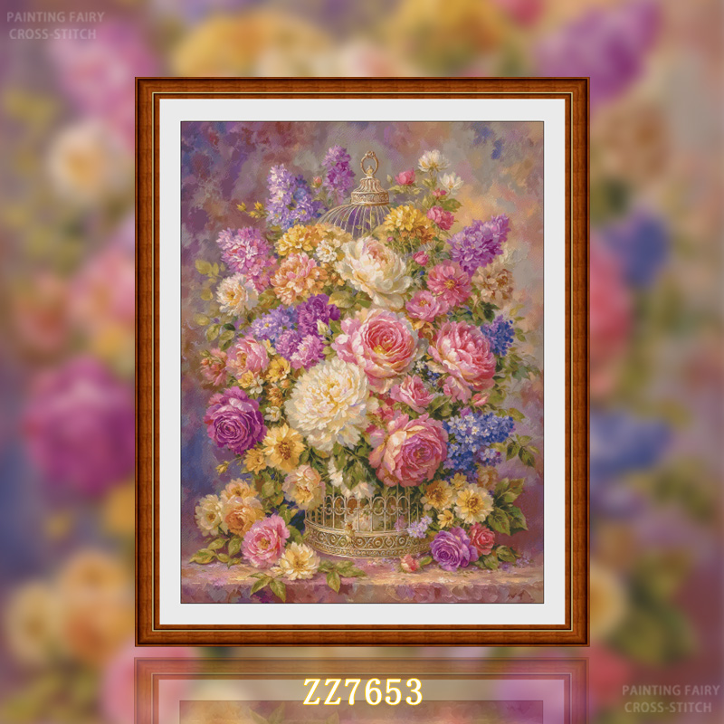 【ZZ7653-姹紫嫣金之鲜花鸟笼 加量版】十字绣2025新款客厅花卉