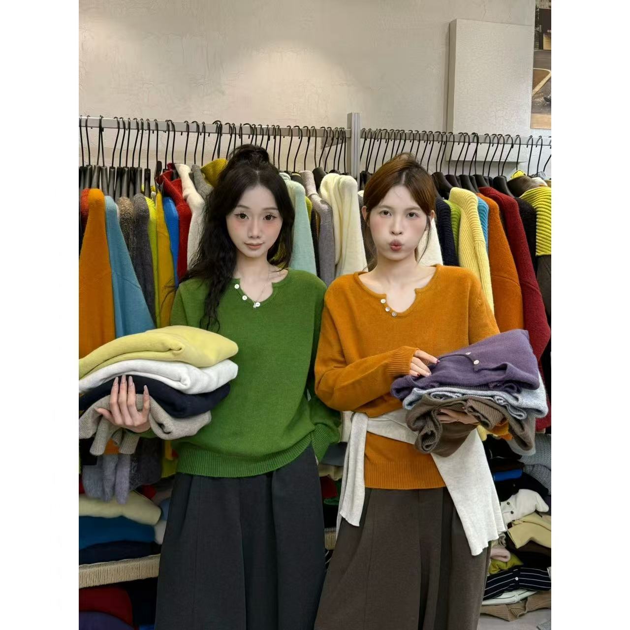 【66803】休闲风慵懒风女秋季针织毛针织衫长袖衬衫袖