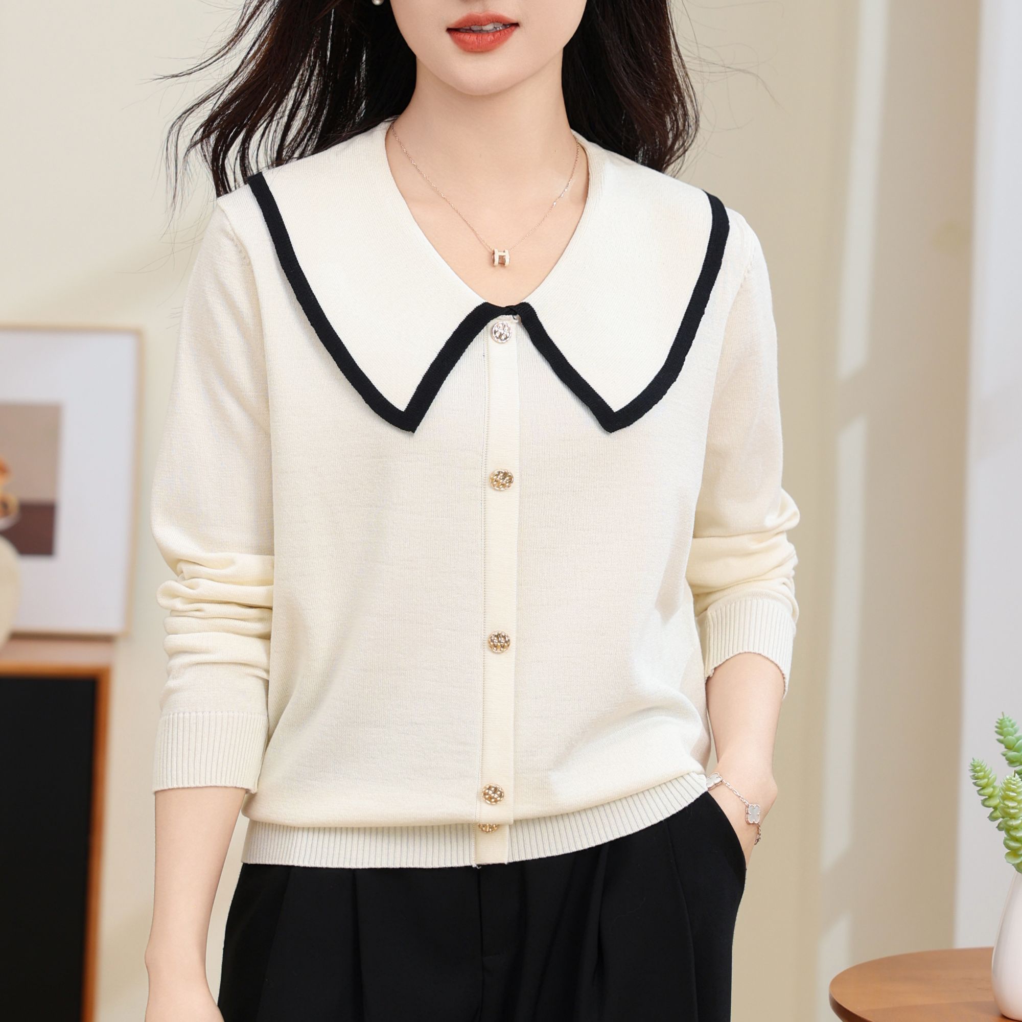 毛针织衫娃娃领拼接大码春秋减龄时尚针织衫气质上衣春季秋季女装