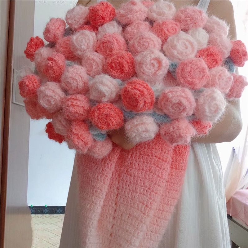 渐变长绒玫瑰花束毯子手工编织diy材料包花束毯子礼物玫瑰毯