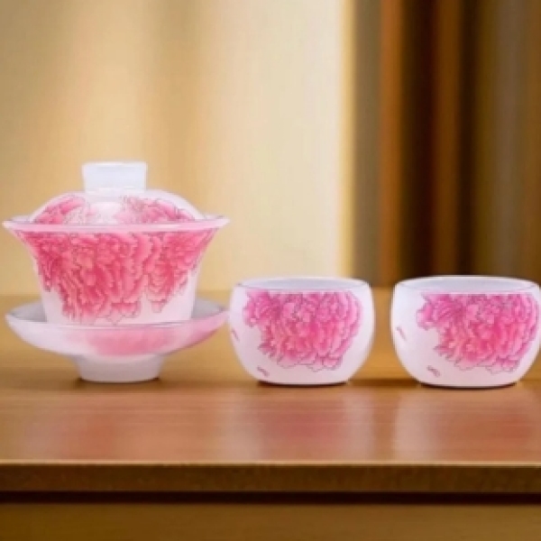 ZH2532粉色牡丹琉璃一盖碗二杯