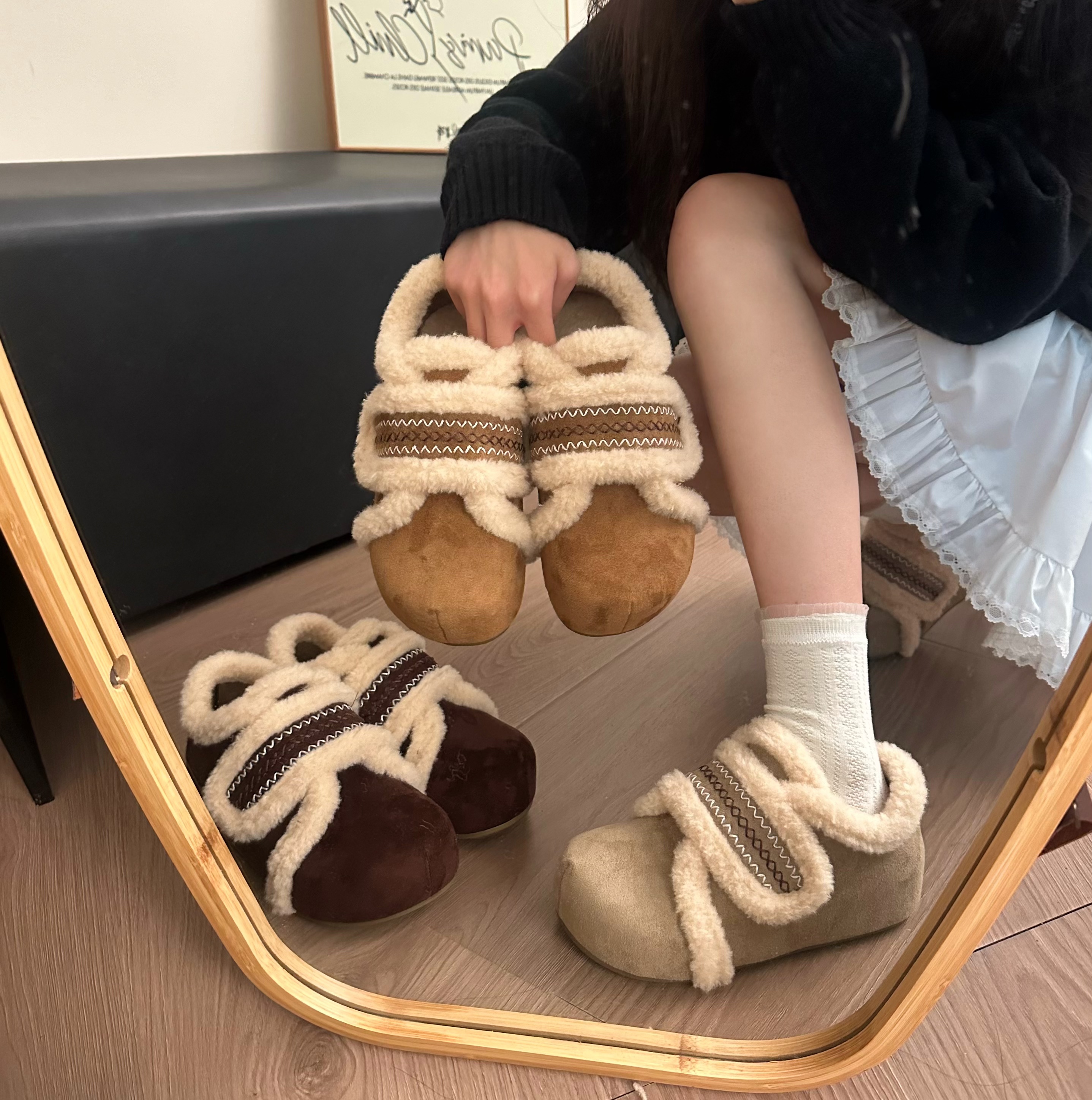 厚底韩版勃肯鞋加绒魔术贴刺绣爆款2025新款百搭冬季网红外穿棉鞋