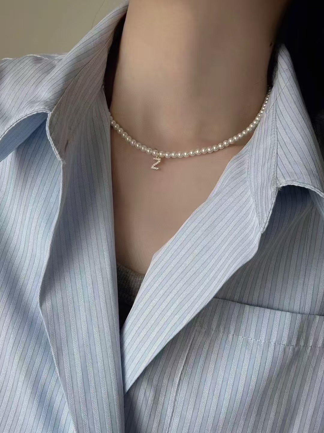 合金项链 时尚白搭3-4珍珠字母项链