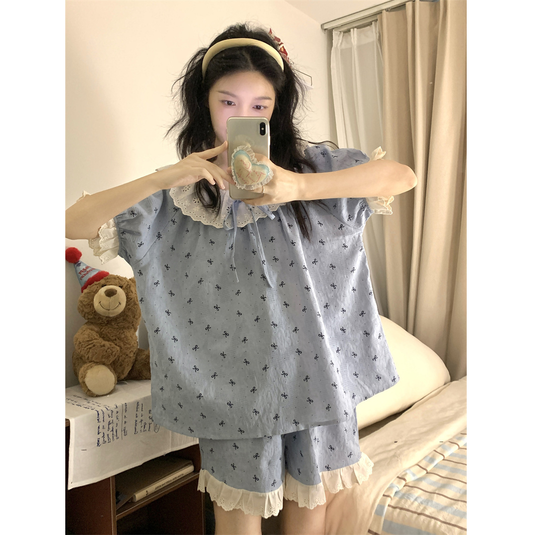 夏季公主风薄款甜美宽松纯棉睡衣女100%全棉圆领可外穿家居服套装