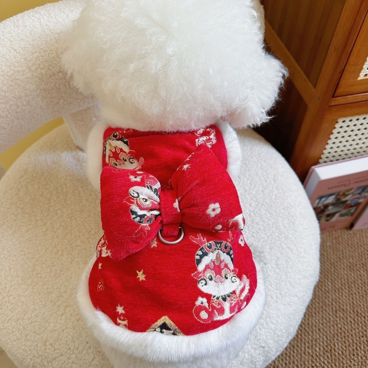 宠物衣服秋冬新款加绒保暖新年唐装裙子泰迪比熊狗狗牵引猫咪拜年