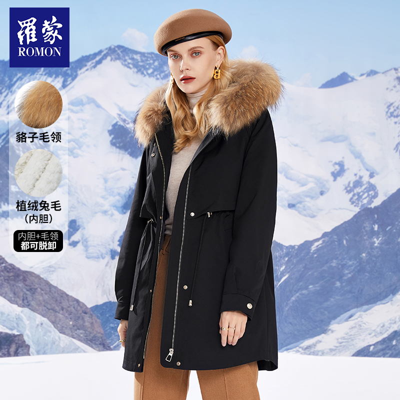 【GCTY】罗蒙H女士新款轻奢中长款貉子毛领派克服PCJ12105