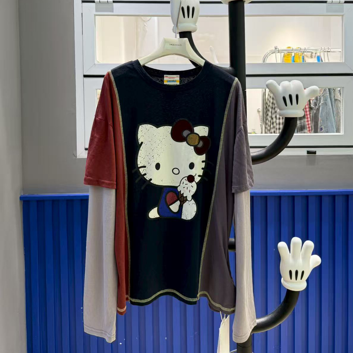 欧洲站5353#BOHAN秀秀2025秋季新品猫咪图拼色假两件T恤欧货女