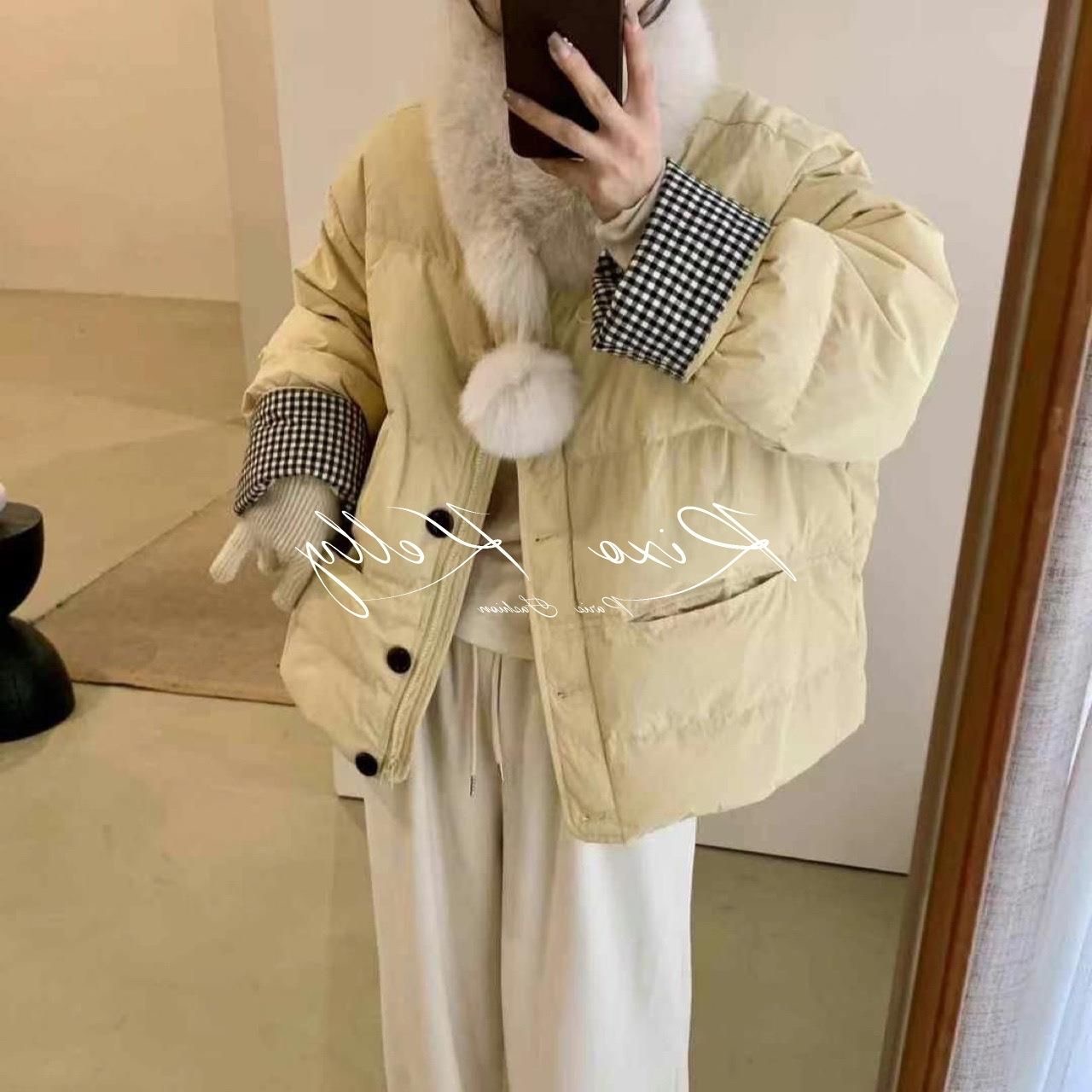 2025年冬季新款棉服女格子撞色高级感小个子韩版加厚围脖棉袄潮