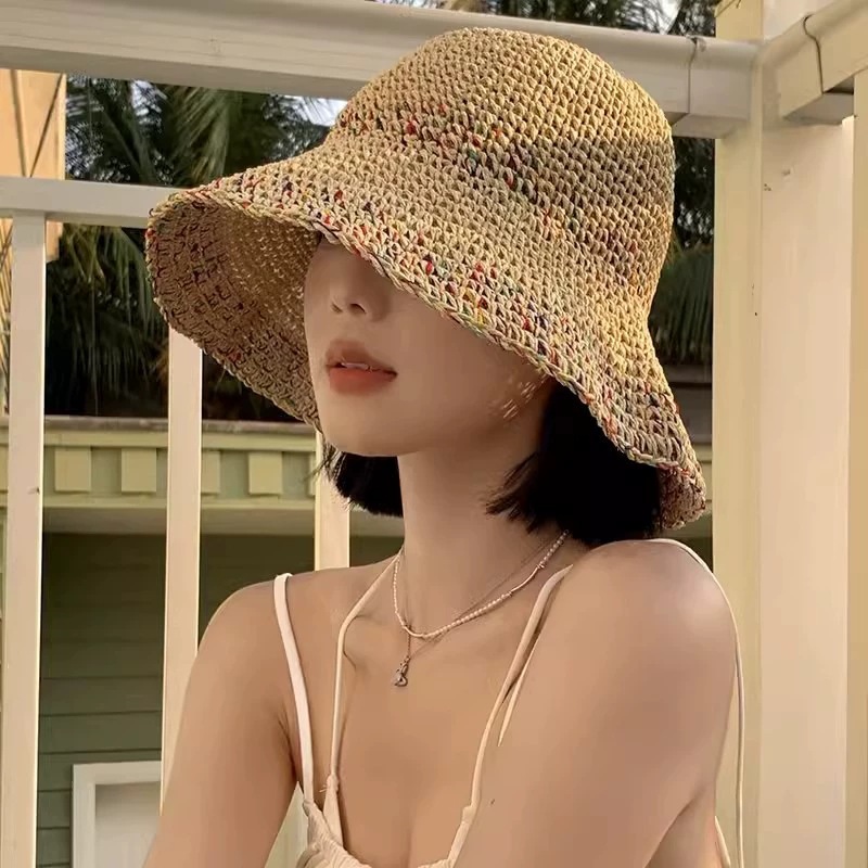 防晒女夏季镂空防晒遮阳毛透气彩虹帽子海边度假风宽檐编织草帽