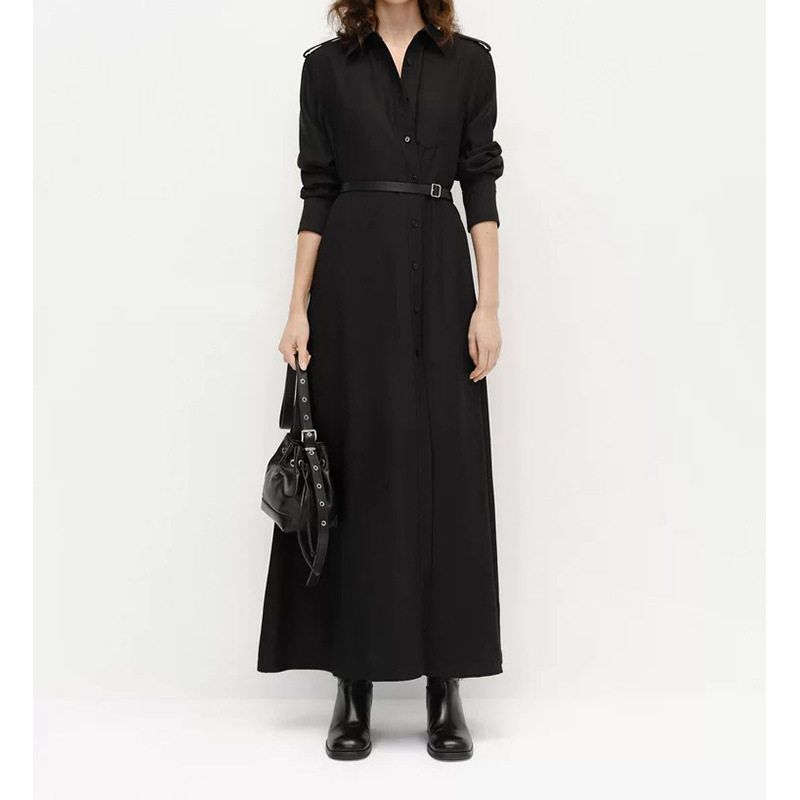 现货厂家批发 衬衫连衣裙2025新品黑色挺括骨感长款高腰长袖