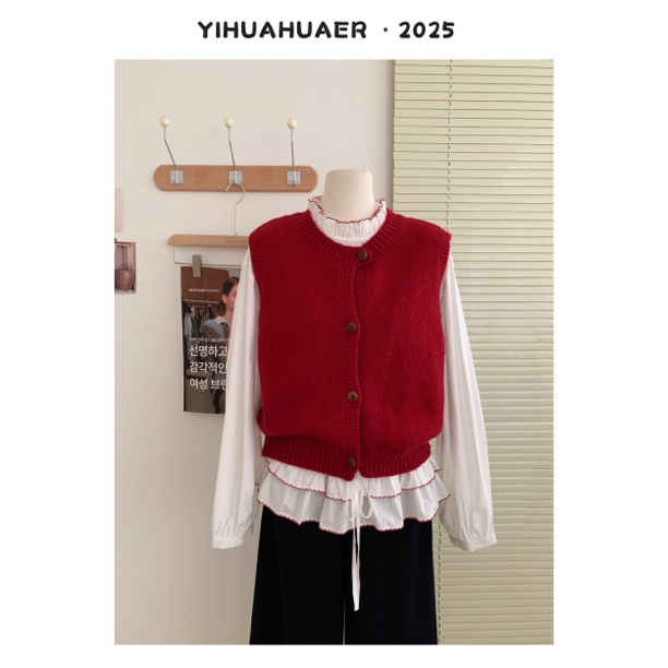 东大门韩国原单韩系单排扣纯色设计感针织开衫洋百搭气马甲2153