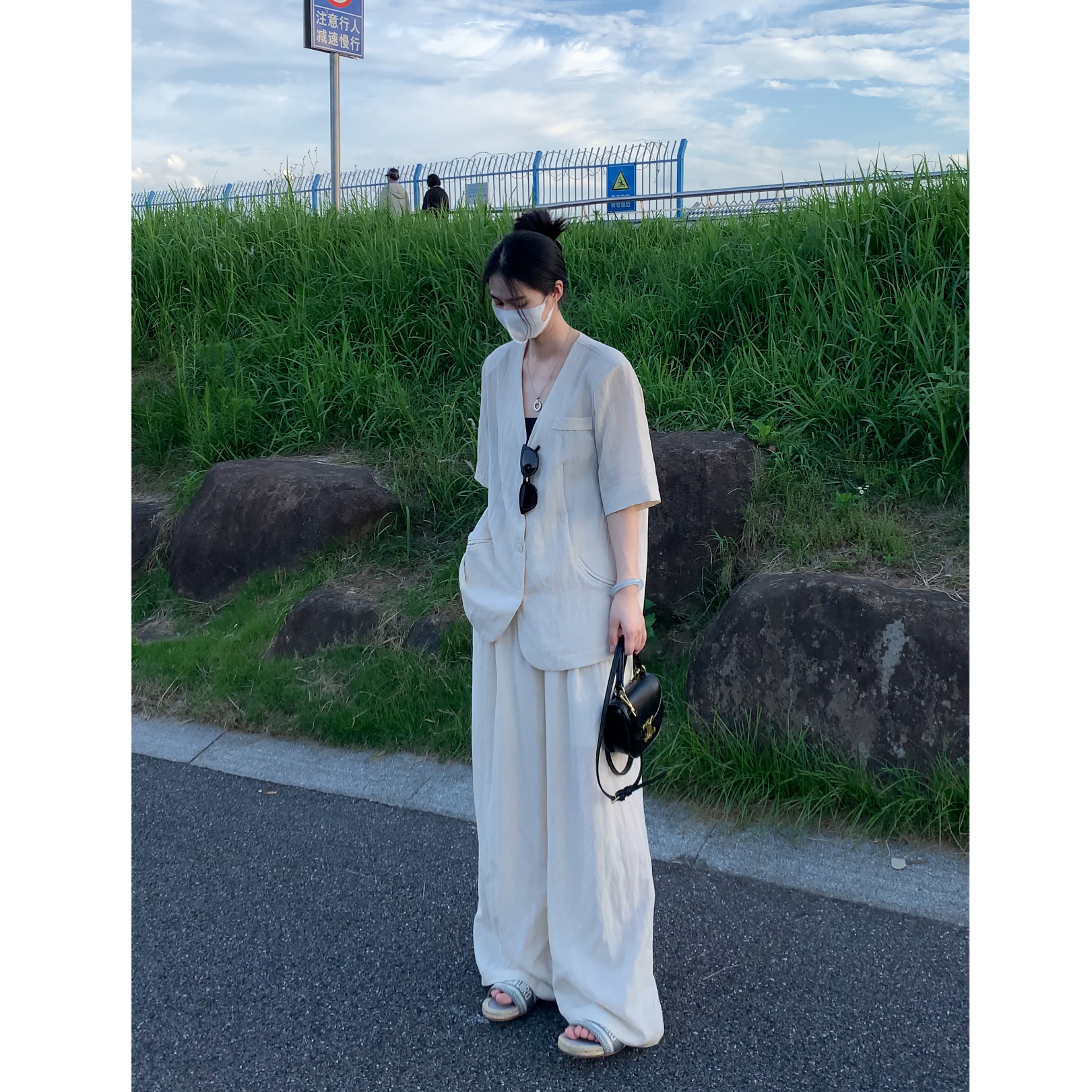 【TZ2557】亚麻V领西装+阔腿裤两件套女简约高级感短袖通勤套装