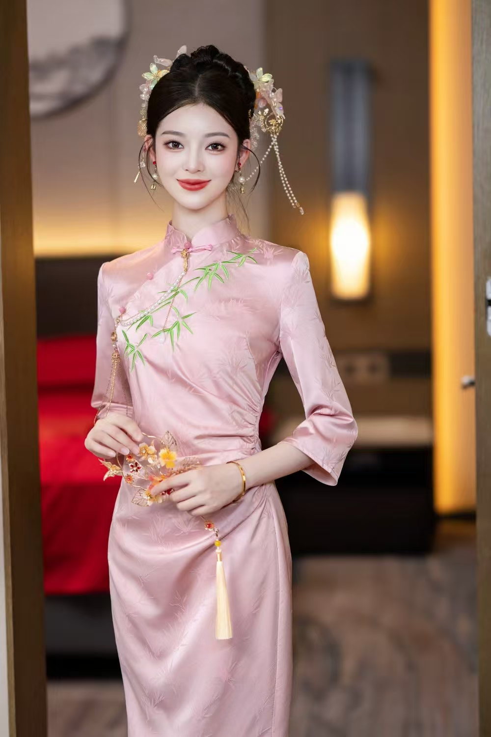 【粉袂摇竹】新款修身显瘦日常百搭新中式优雅气质中国风旗袍长115